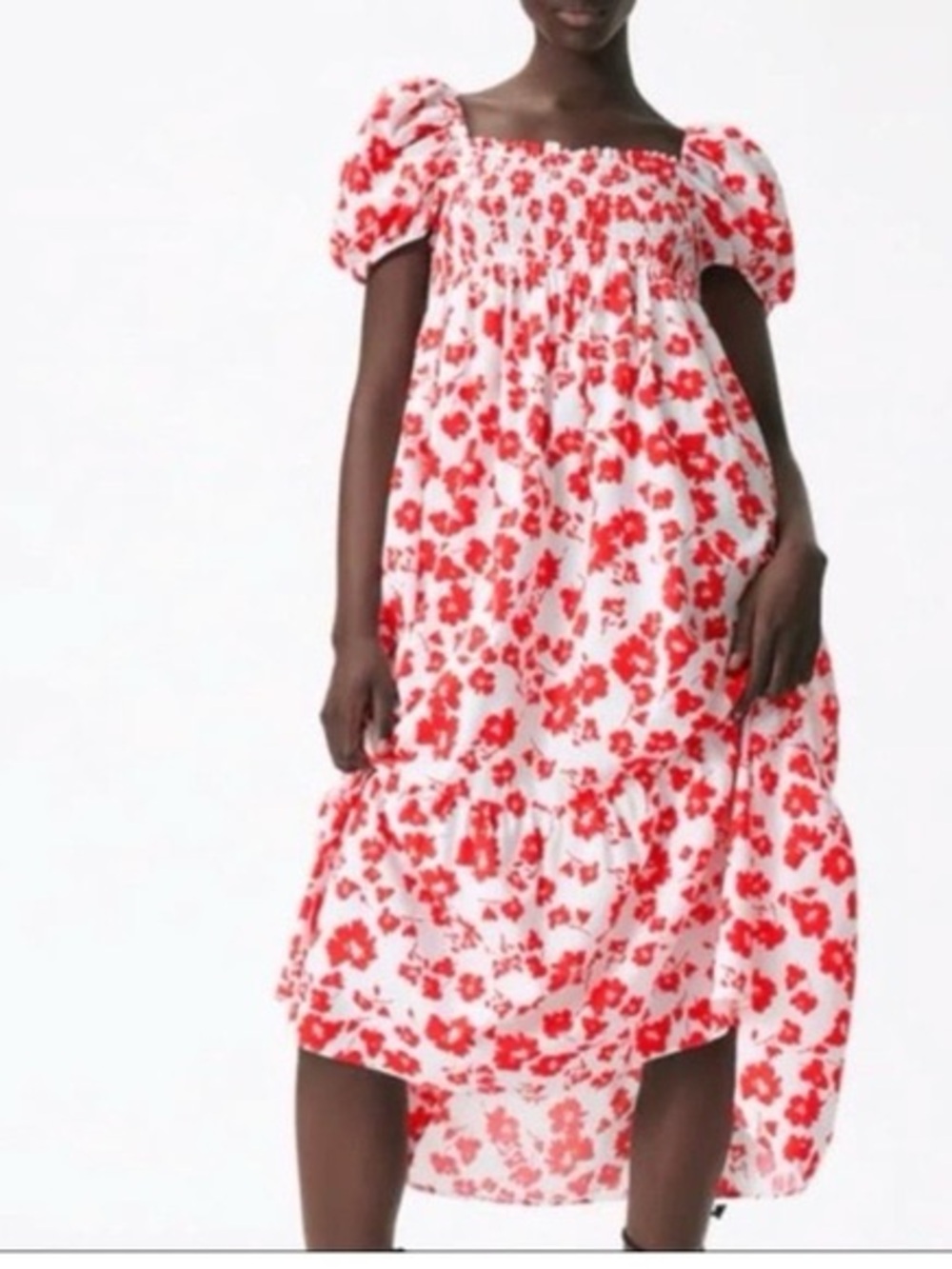 Zara White Midi Dress with Red Floral Print